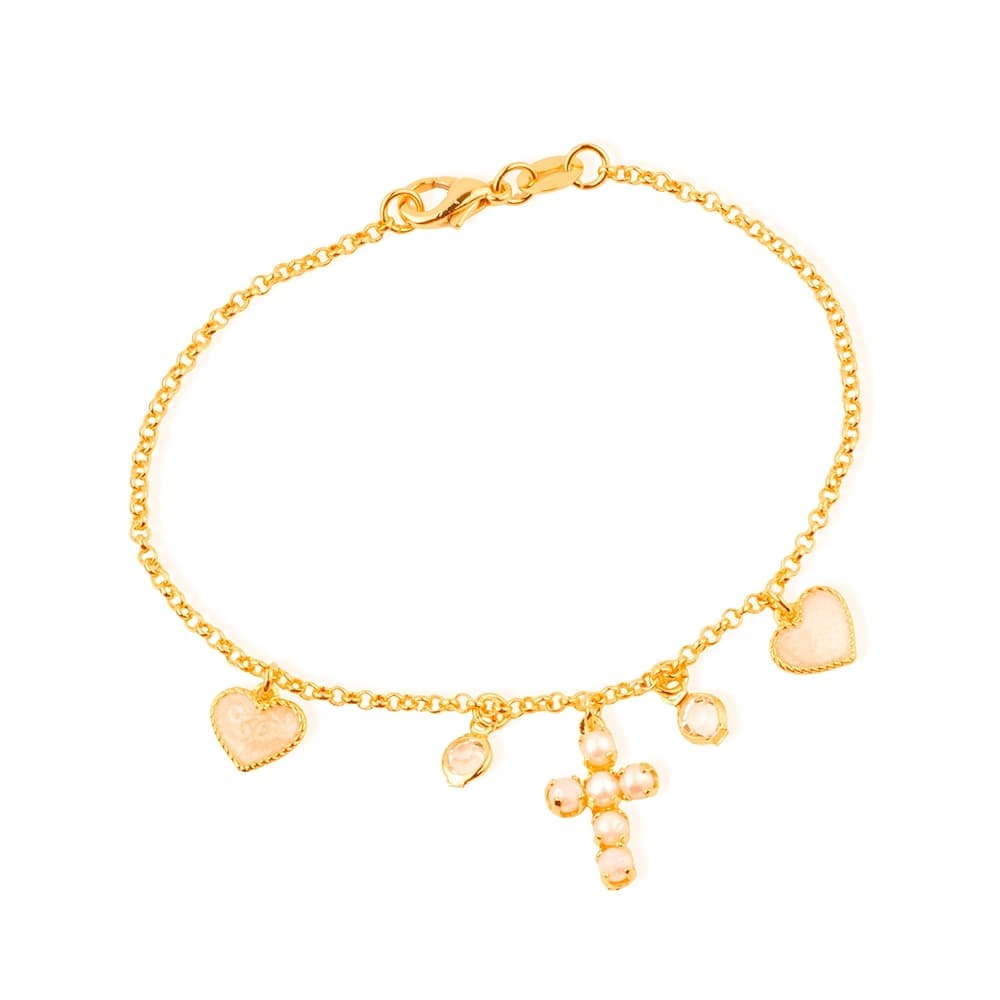 Pulseira Dourada Religiosa Cruz de Pérolas Coração Madrepérola Ponto de Luz