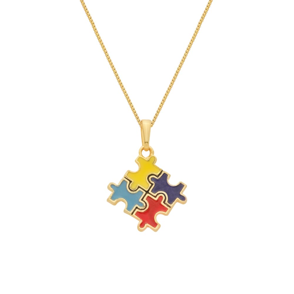 Colar Dourado Autismo Formato Quebra-Cabeça