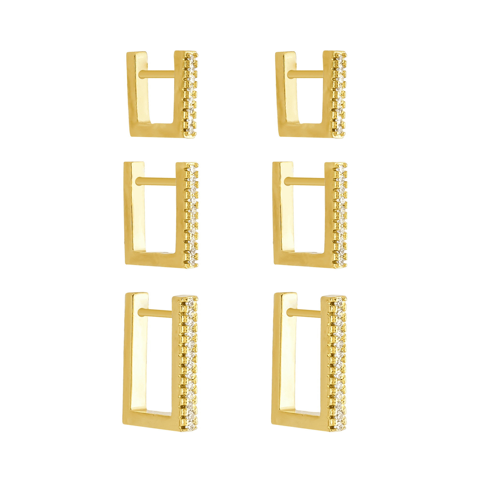 Trio Dourado de Argolinhas Quadradas Cravejadas de Zircônias