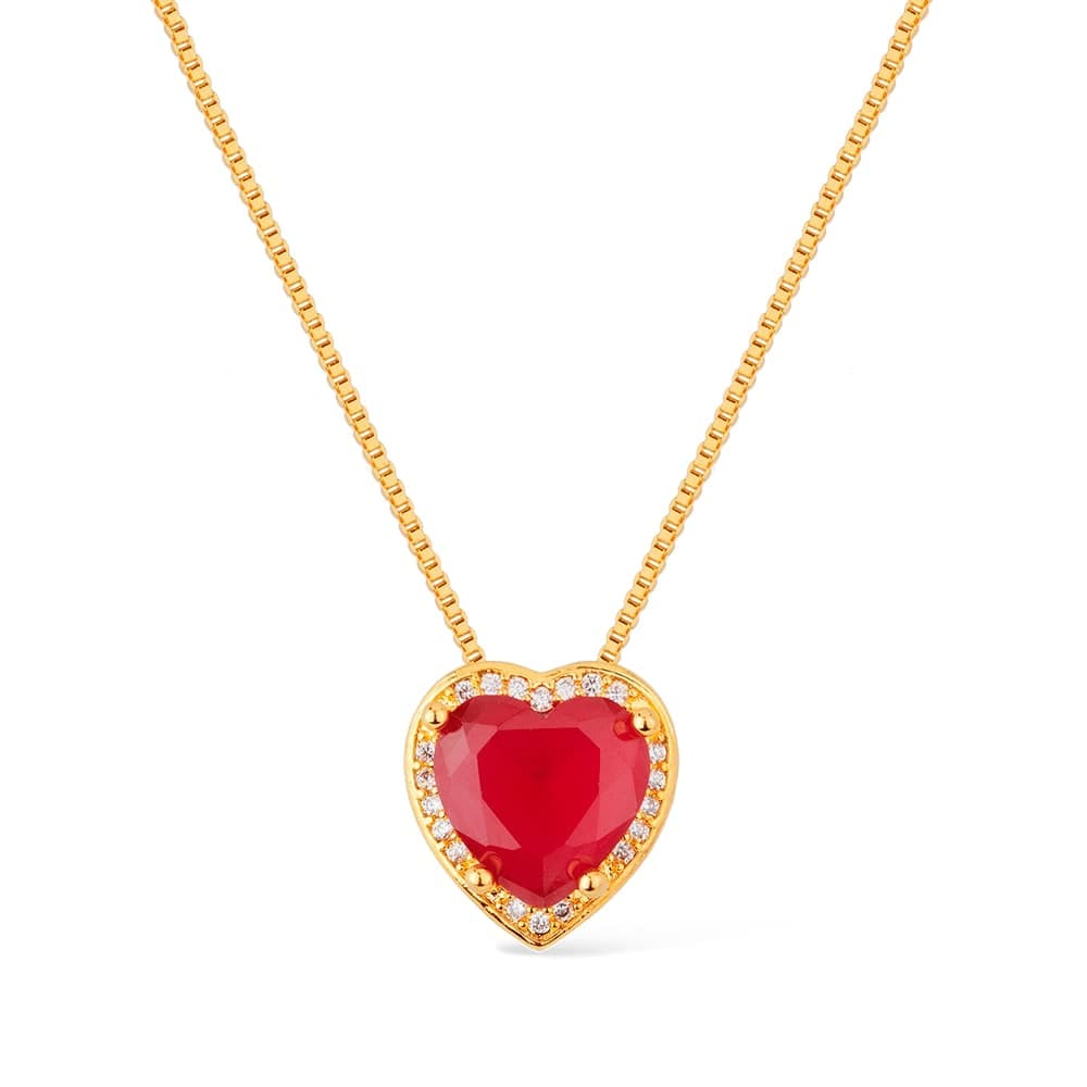 Colar Dourado de Pedra Natural Vermelha Coração Cravejado de Zircônia
