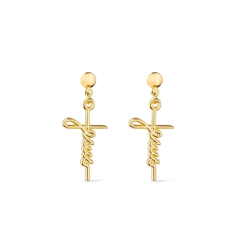 Brinco Dourado de Cruz com a palavra Jesus