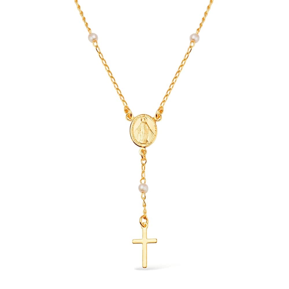 Colar Dourado Religioso Terço Cruz e Pérolas