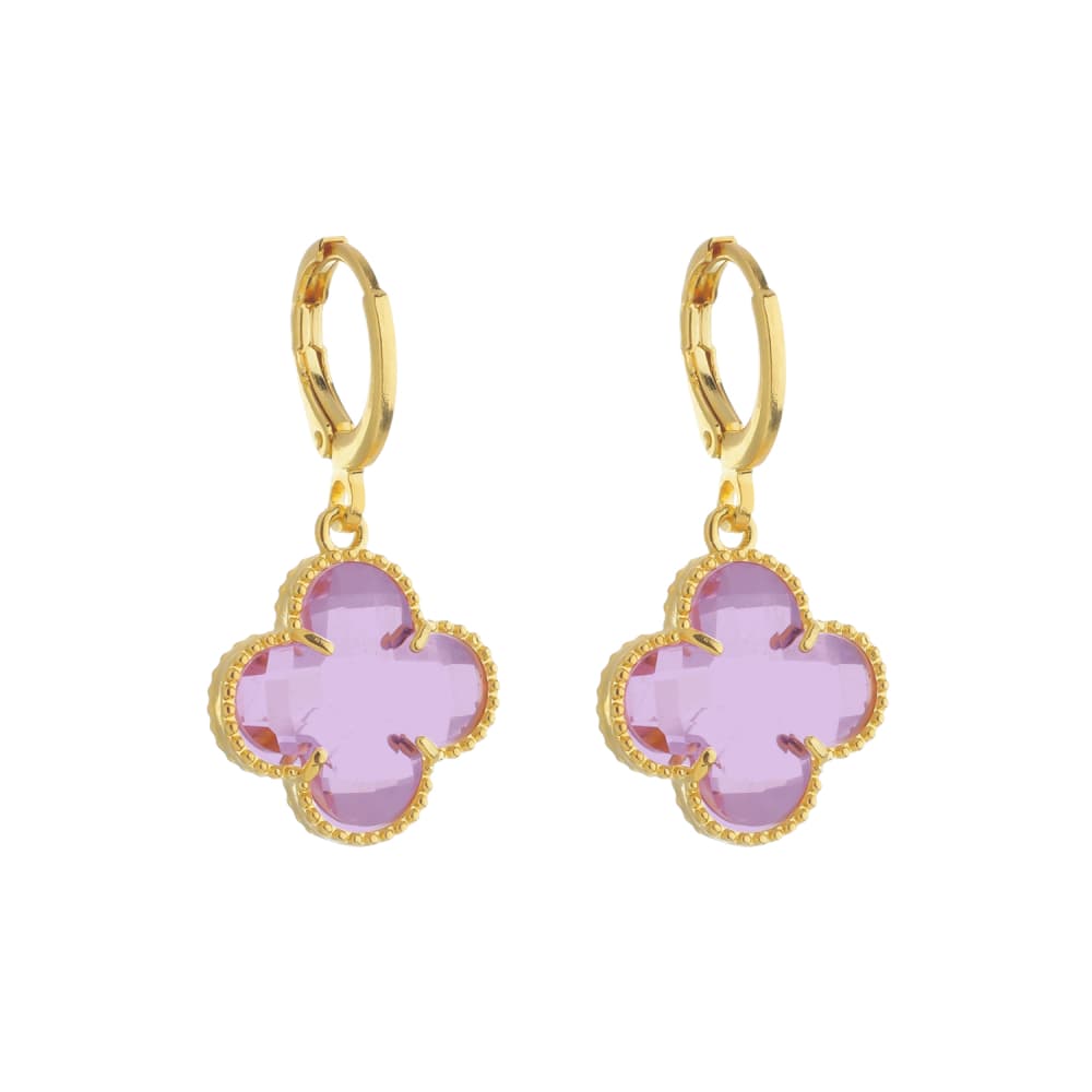Brinco Dourado de Trevo com Zircônia Rosa